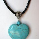 1.4" Heart Shaped Turquoise Pendant on 16" Black Leather Cord 18KGP Extender 18"