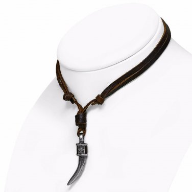 Fleur De Lis Cross Lucky Horn Brown Leather Necklace Adjustable 16"-31" Tooth