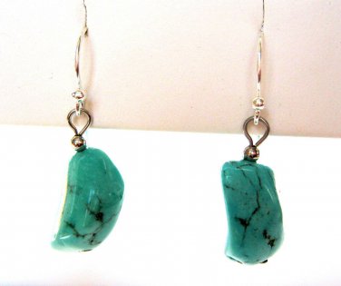 Green Turquoise Sterling Silver .925 Dangle Earrings French Hook 1.25" Length