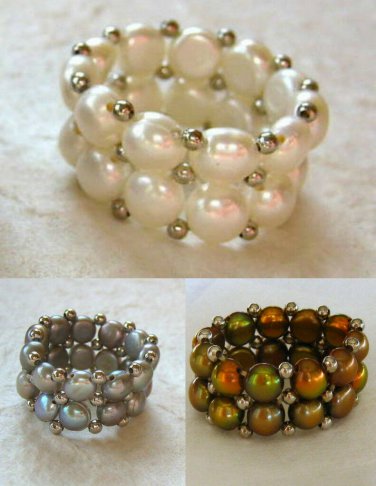 White, Brown, Black or Gray Two-strand Freshwater Pearl Stretch Ring