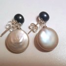 12-13mm Black and White Coin Pearl Dangle Earrings Sterling Silver Butterfly Bac