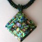 Paua Abalone Shell Pendant and Seed Bead Necklace 17"