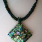 Paua Abalone Shell Pendant and Seed Bead Necklace 17"