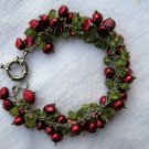 Red Wine Color Cultured Pearl & Green Peridot Beaded Bracelet Silver Tone Clasp
