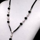 16" White Pearl and Black Agate Leather & Silver Necklace