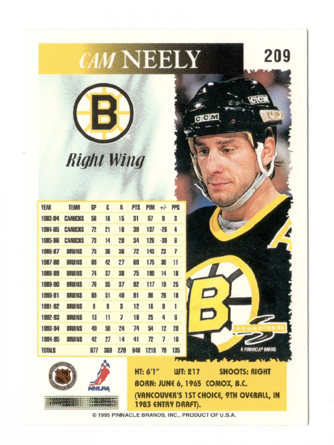 Cam Neely 199596 Score 209 Bruins Hockey Card