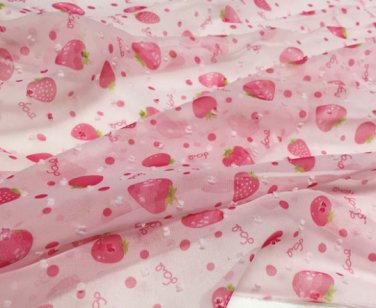 Light Pink Chiffon Fabric With Red Strawberry By the Yard F17