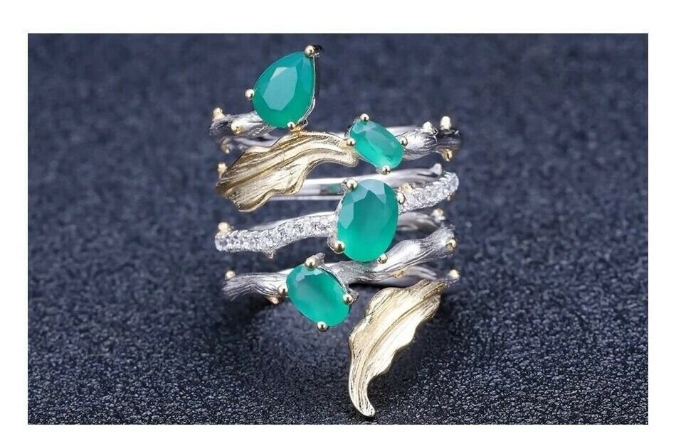 RING 925 STERLING SILVER GREEN AGATE PROTECTION BLACK MAGIC EVIL EYE SPELL JINN