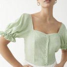 Green Floral Square Collar Top