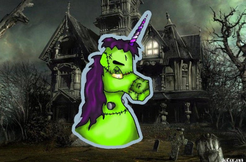 STICKER! Frankenstein Halloweenicorn 3.5"x 2" Unicorns Love Halloween costumes,