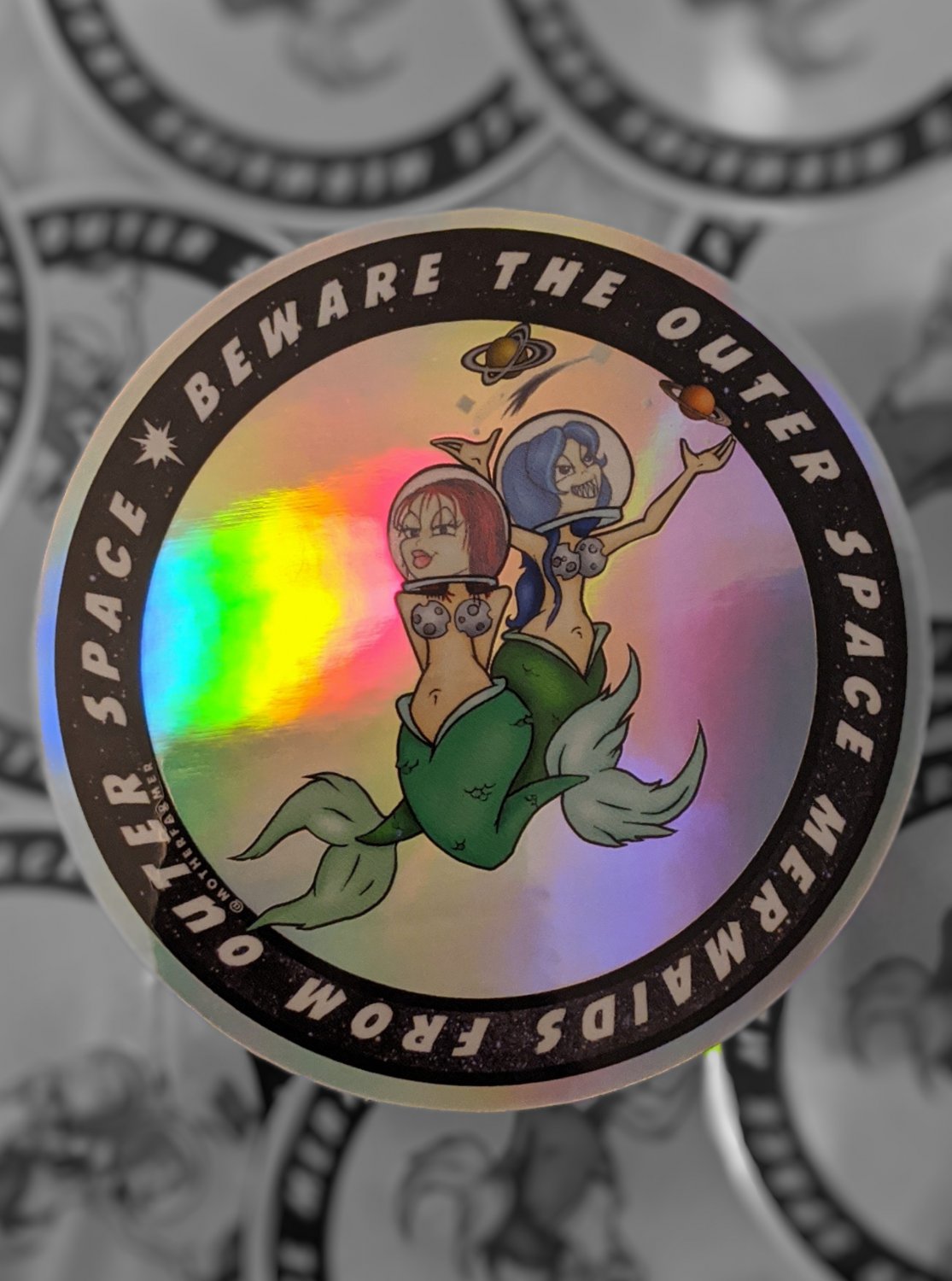 Outer Space Mermaids From Outer Space, 3"x3" HOLOGRAPHIC STICKER, Glossy,