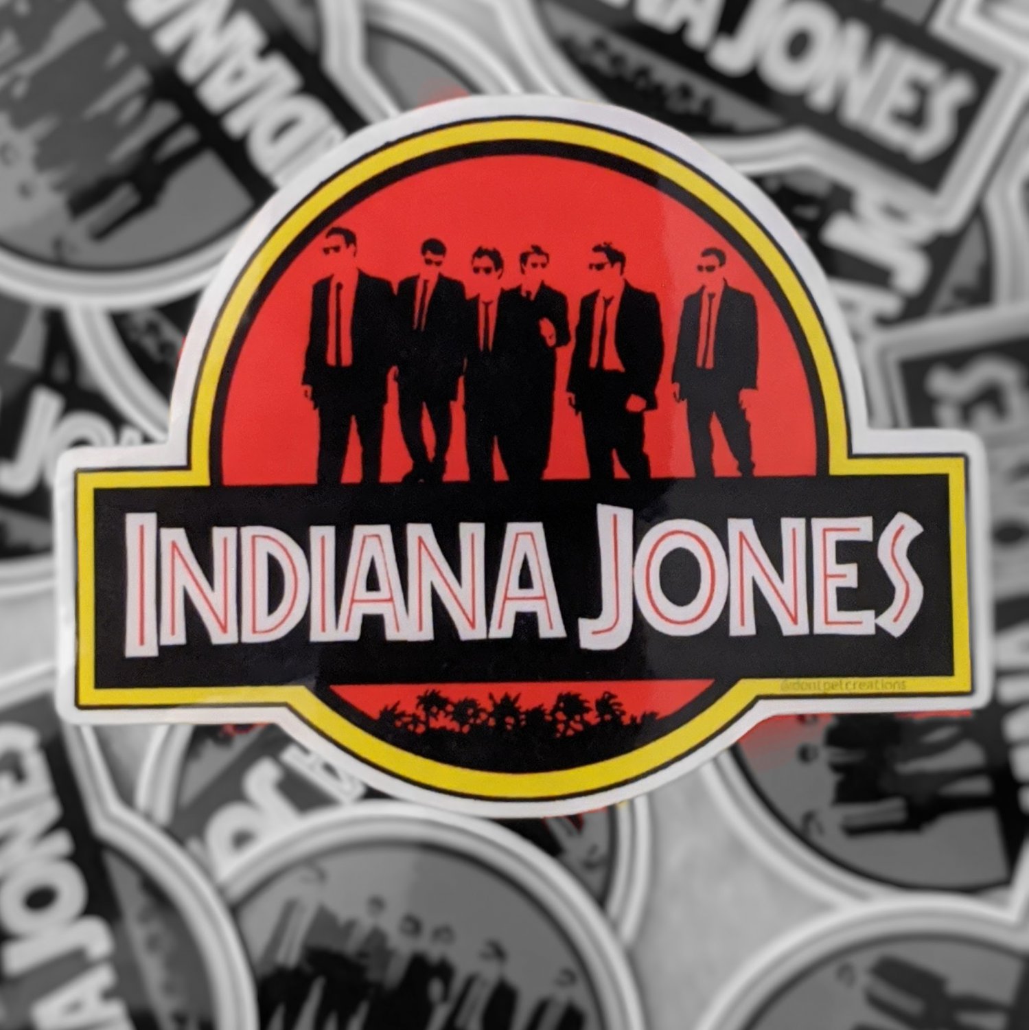 Jurassic Jones Glossy STICKER 2"x 3" Dinosaurs, Indiana Jones and Reservoir Dogs, waterproof