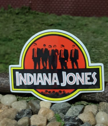Jurassic Jones &acirc;�&cent; 3" Glossy Sticker (Indiana Jones / Reservoir Dogs / Jurassic Park MASHUP)