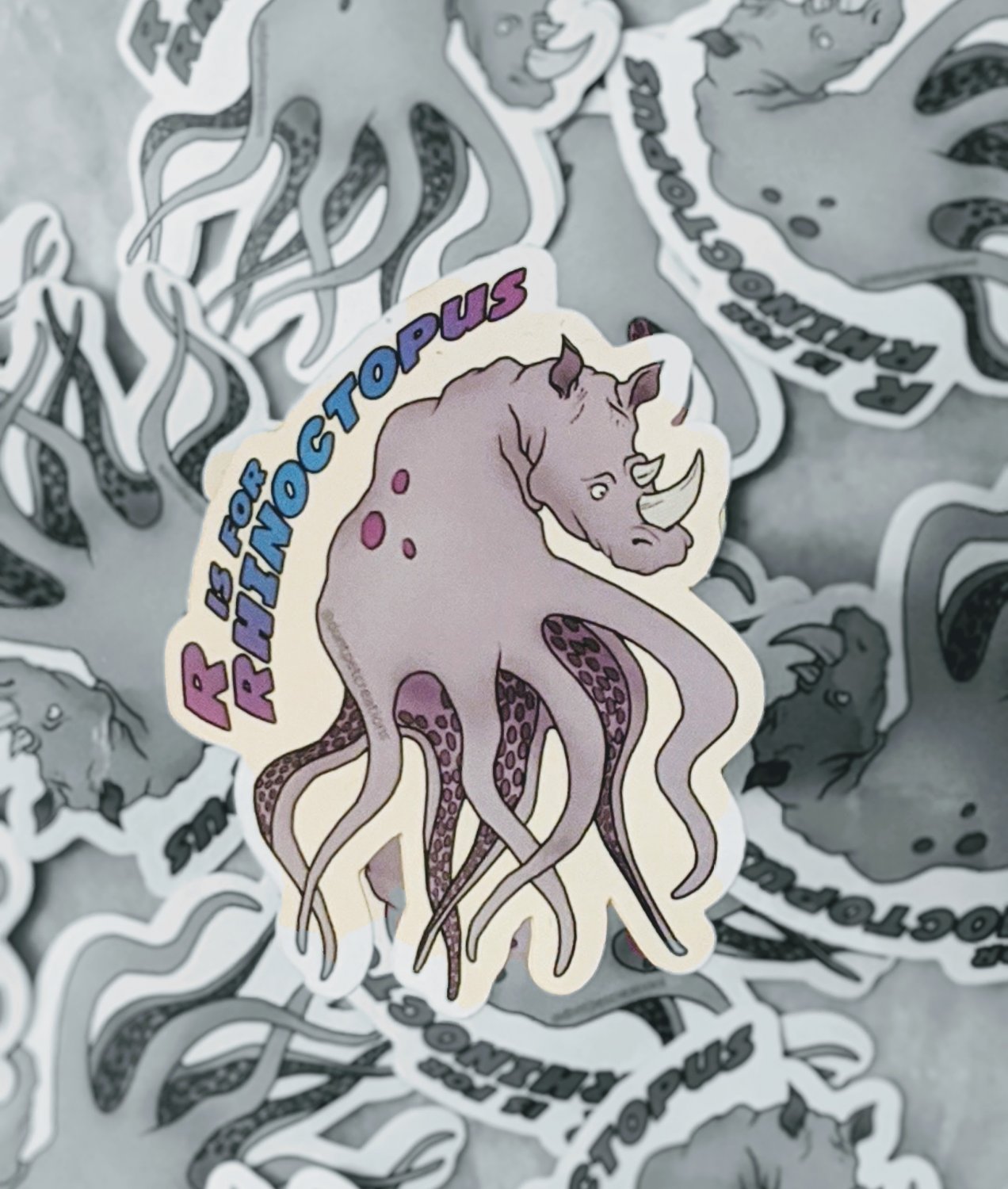 R is for Rhinoctopus Glossy STICKER 3"x 2" Octopus/Rhino,
