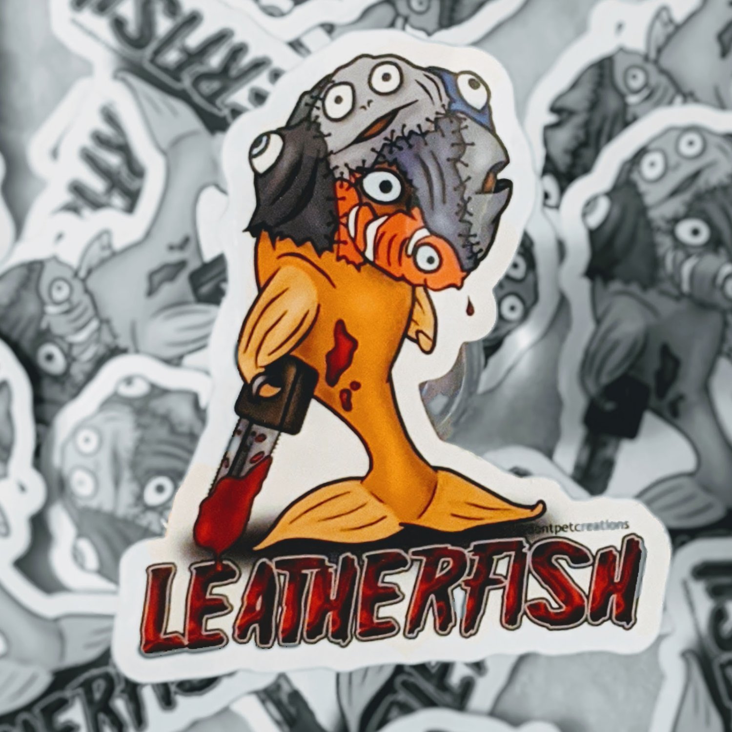 Leatherfish STICKER 3"x 2.5" Leatherface meets Goldfish,  Glossy