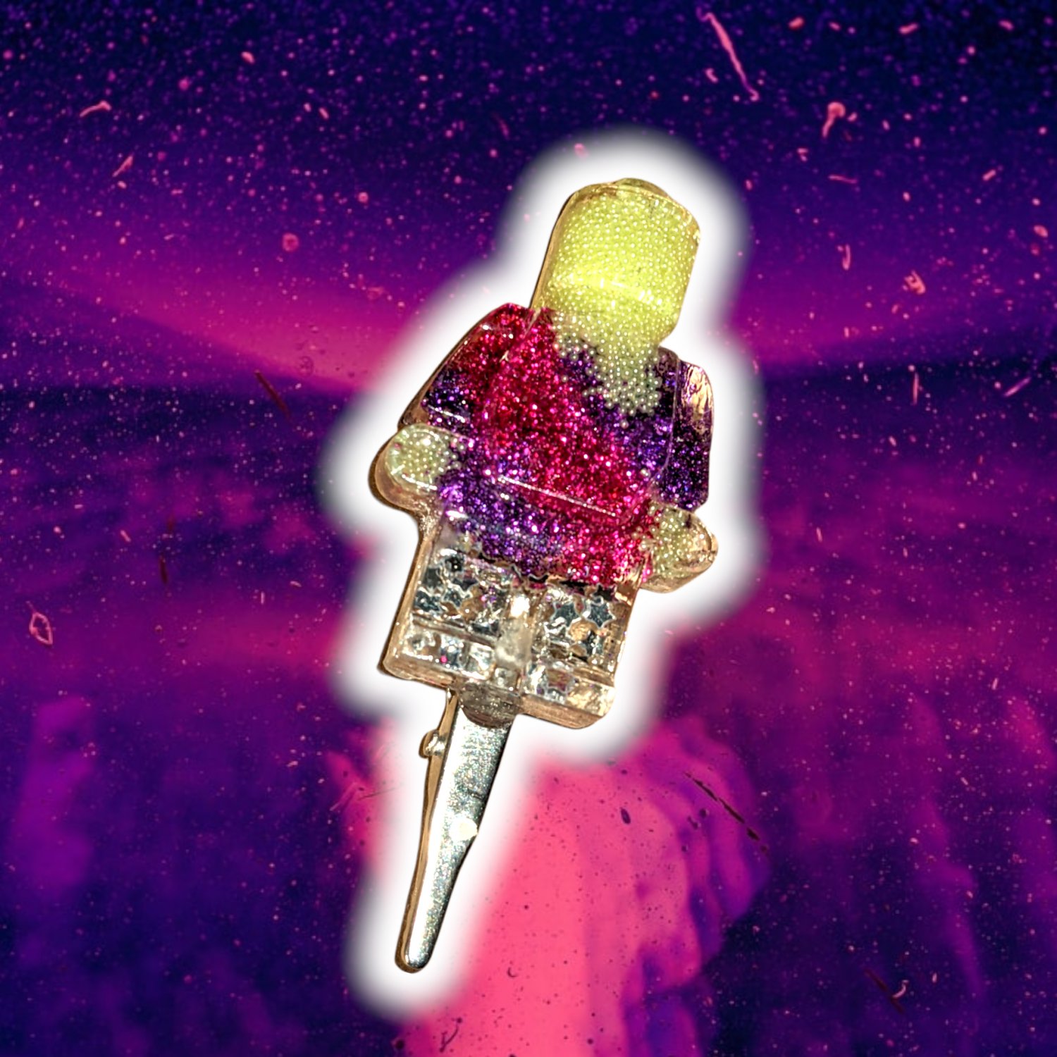 Lego Man, Jewellery Ninja/Cigarette Clip - Purple, Yellow, Silver Sparkles