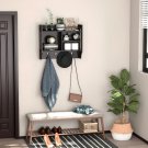 Homcom Wall Mounted Floating Storage Shelf 4 Storage Units  Dual Hooks Coat Rack