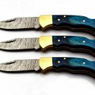 Damascus Folding Pocket knife Hunting knife Lot of Three Knives Handle wood