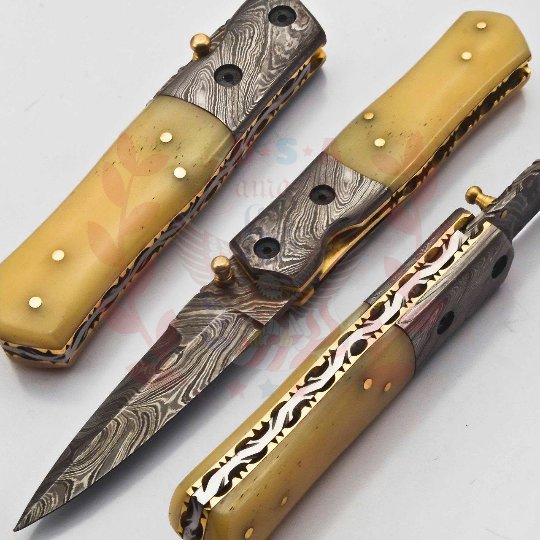 7.5'' Custom Hand Made Forged Folding Hunter Pocket Knife Damascus Steel  909