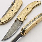 8'' Folding Hunter Pocket Knife Custom Hand Made Damascus Steel Bowie 653