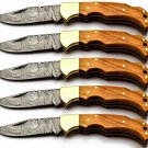 Damascus Folding Pocket knife Hunting knife Lot of Six Knives Handle wood B1