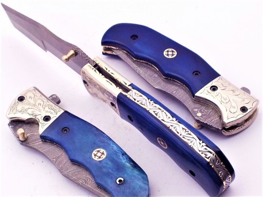 8'' Custom Hand Made Forged Folding Hunter Pocket Knife Damascus Steel 538