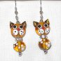 ARTGLASS LAMPWORK AMBER KITTY CAT CRYSTAL DANGLE EARRINGS