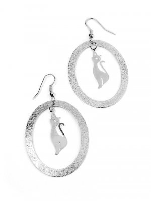Silver Designer Style Kitty Cat Hoop Earrings