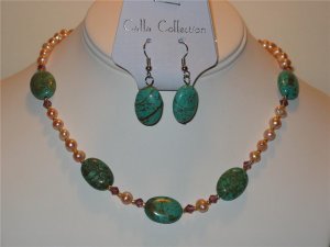 Large Oval Turquoise,  Crystal & Fresh Water Pearl Necklace & Earring Set