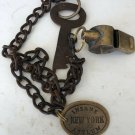 New York Insane Asylum Guard Iron Cell Key, Tag & Solid Brass Whistle