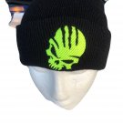 Black Beanie With Embroidered Lt Green Scull One Size Fts Most