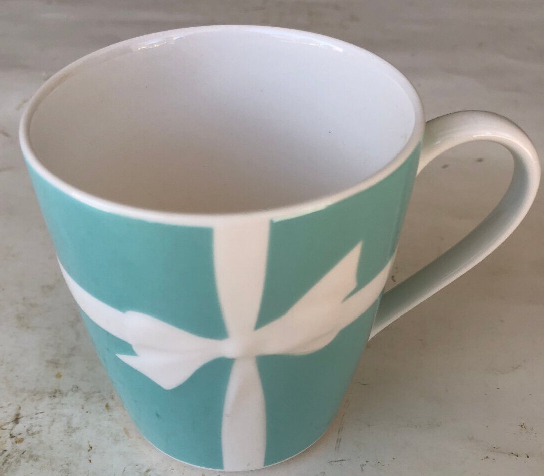 TIFFANY & Co BLUE & WHITE EMBOSSED BOW COFFEE MUG TEA CUP - JAPAN