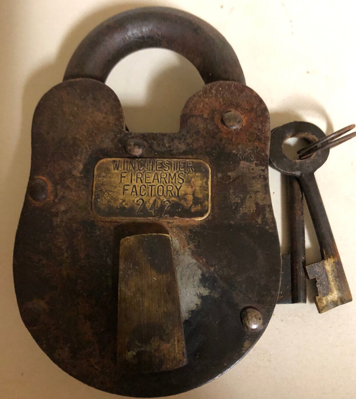Winchester Firearms Factory 3" x 5" Cast Iron Lock & Keys With Antique Finish