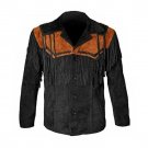 Men Western Cowboy Black Suede Leather Jacket Fringed & Buttons  Style