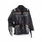 Men Western Wear Cowboy Suede Black Leather Black Fringe Jacket Bones Beads