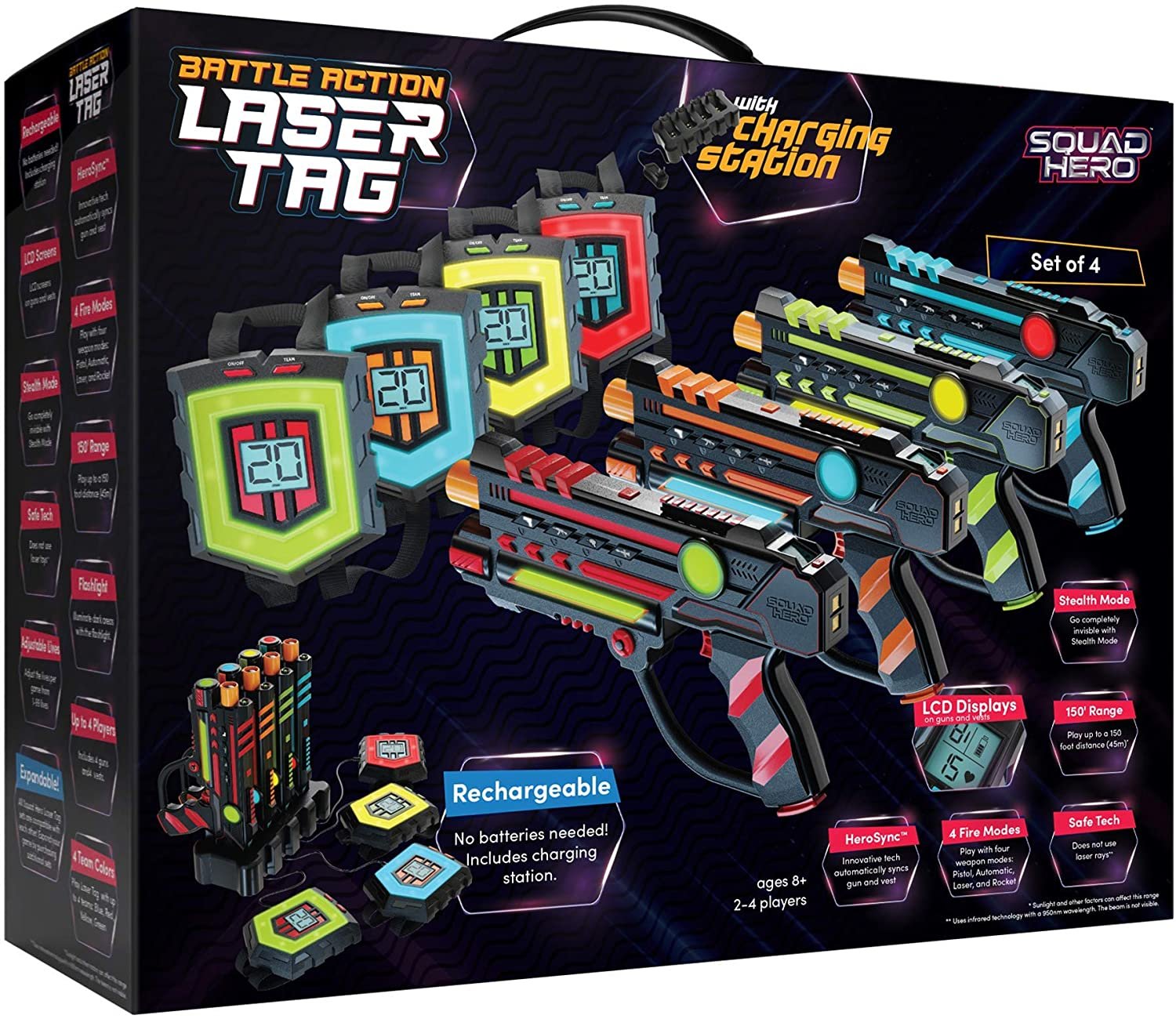 Rechargeable Laser Tag Set + Innovative LCDs and Sync Pack of 4