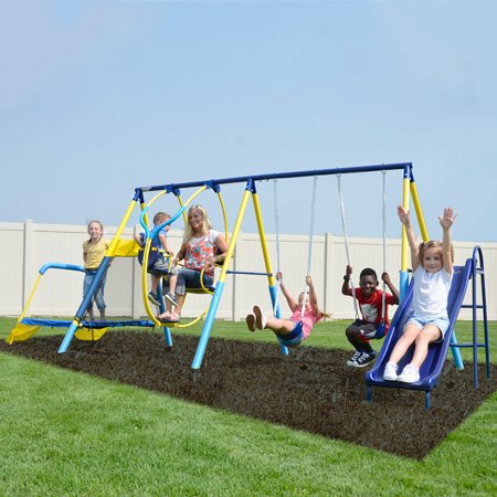 Sportspower Ridgewood Me and My Toddler Metal Swing Set with 5ft Heavy Duty Slide & Trampoline