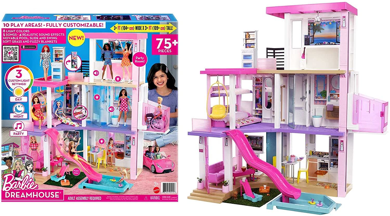 Barbie Dreamhouse (3.75-ft) 3-Story Dollhouse Playset with Pool & Slide, Lights & Sounds, 75+ Pieces