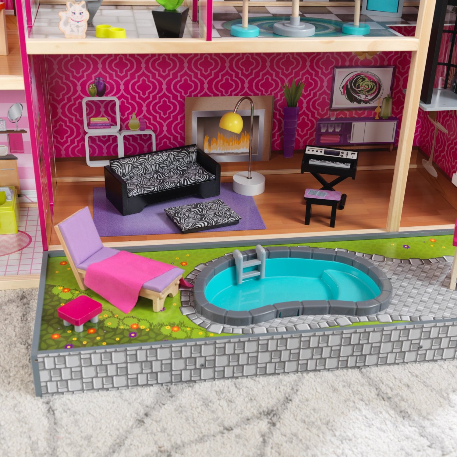 KidKraft Uptown Wooden Dollhouse with Lights & Sounds, Pool and 36