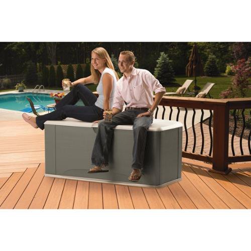 Rubbermaid Outdoor ExtraLarge Deck Box with Seat, Gray & Brown, 121 Gallon
