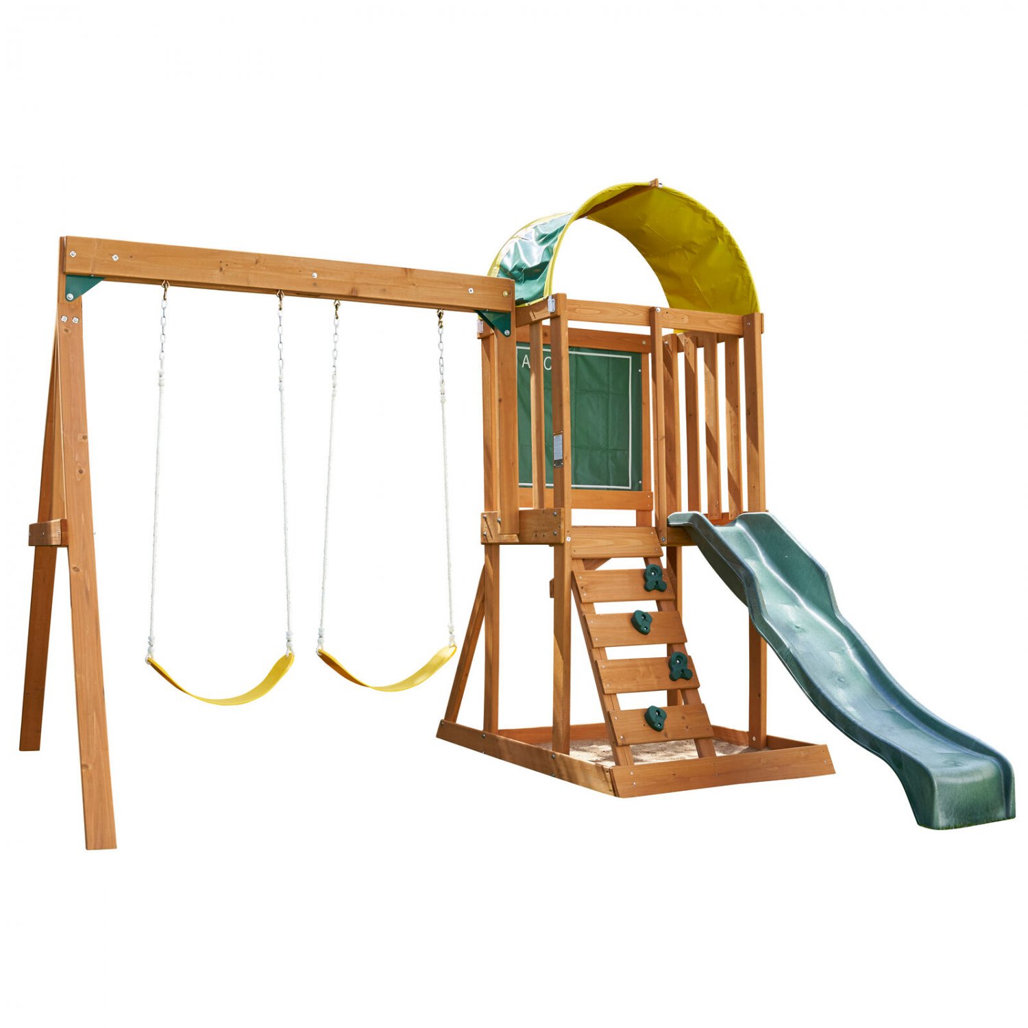 KidKraft Ainsley Wooden Outdoor Swing Set with Slide, Chalk Wall