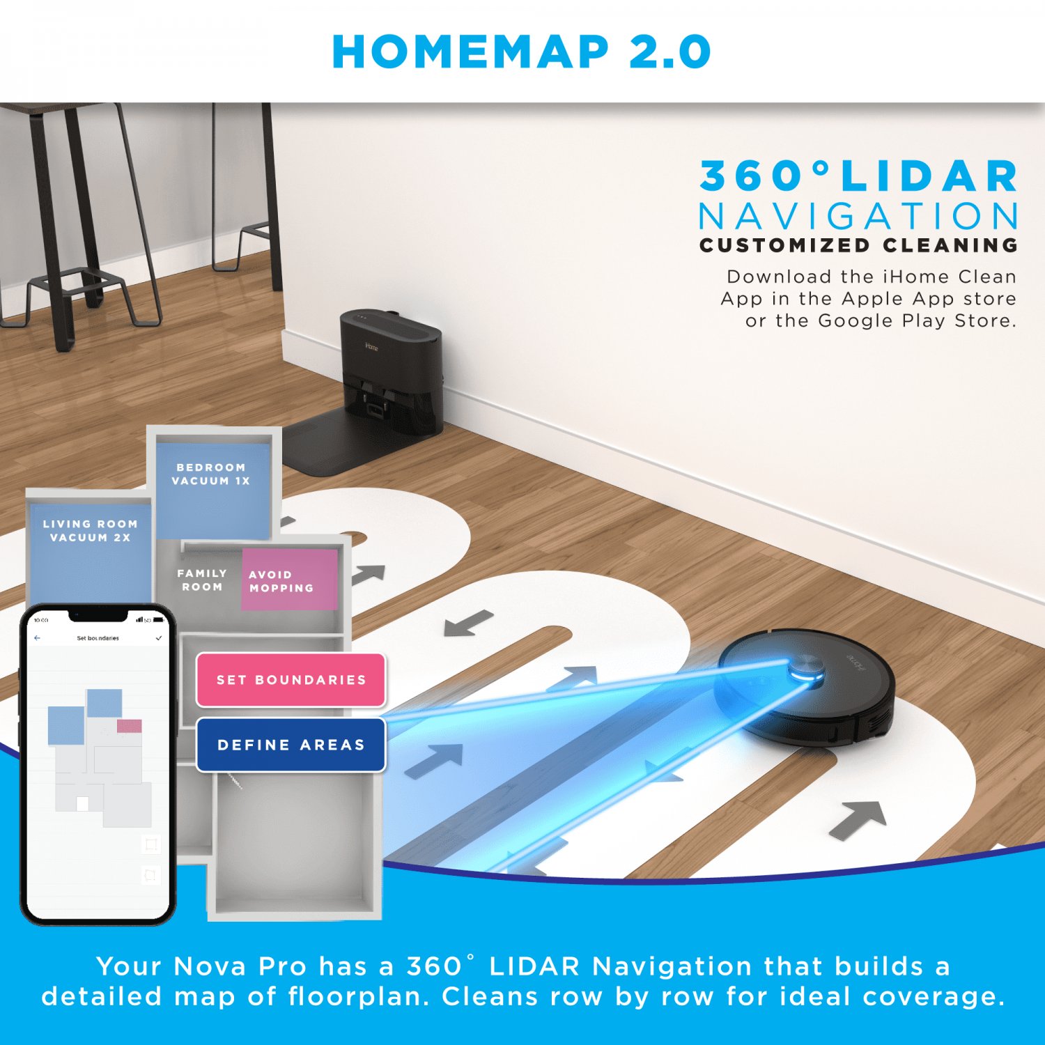 iHome AutoVac Nova Pro 3in1 Robot Vacuum & Vibrating Mop with LIDAR