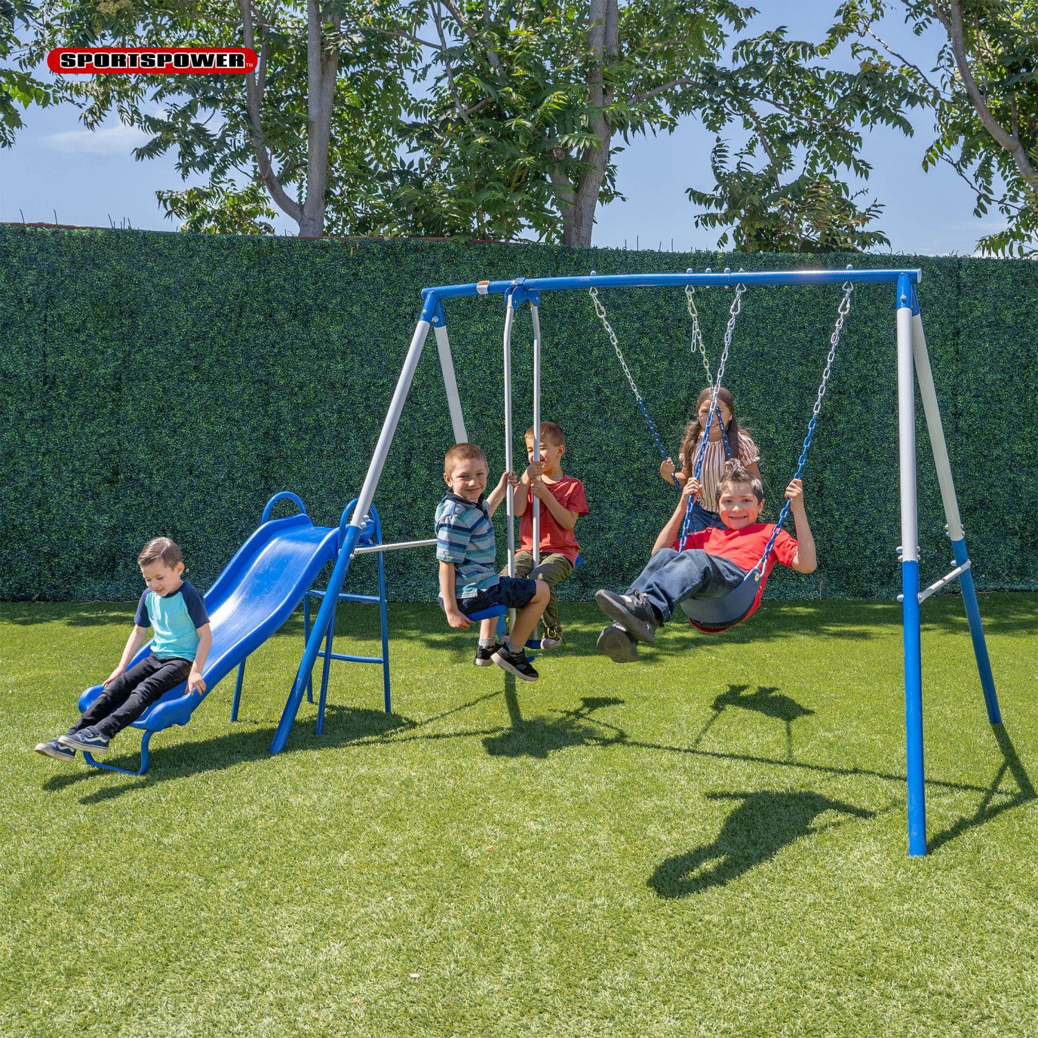 Sportspower Albany Metal Swing Set with Slide & Adjustable Sling Swing Seats