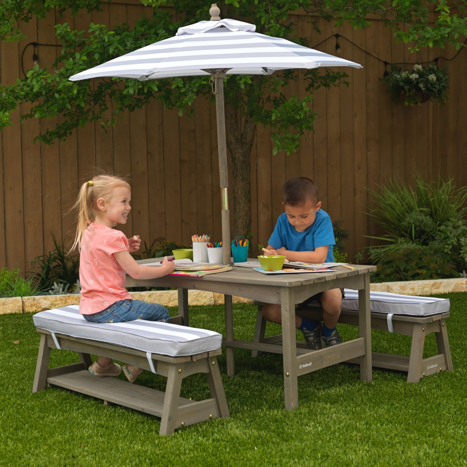KidKraft Outdoor Table & Bench Set with Cushions and Umbrella