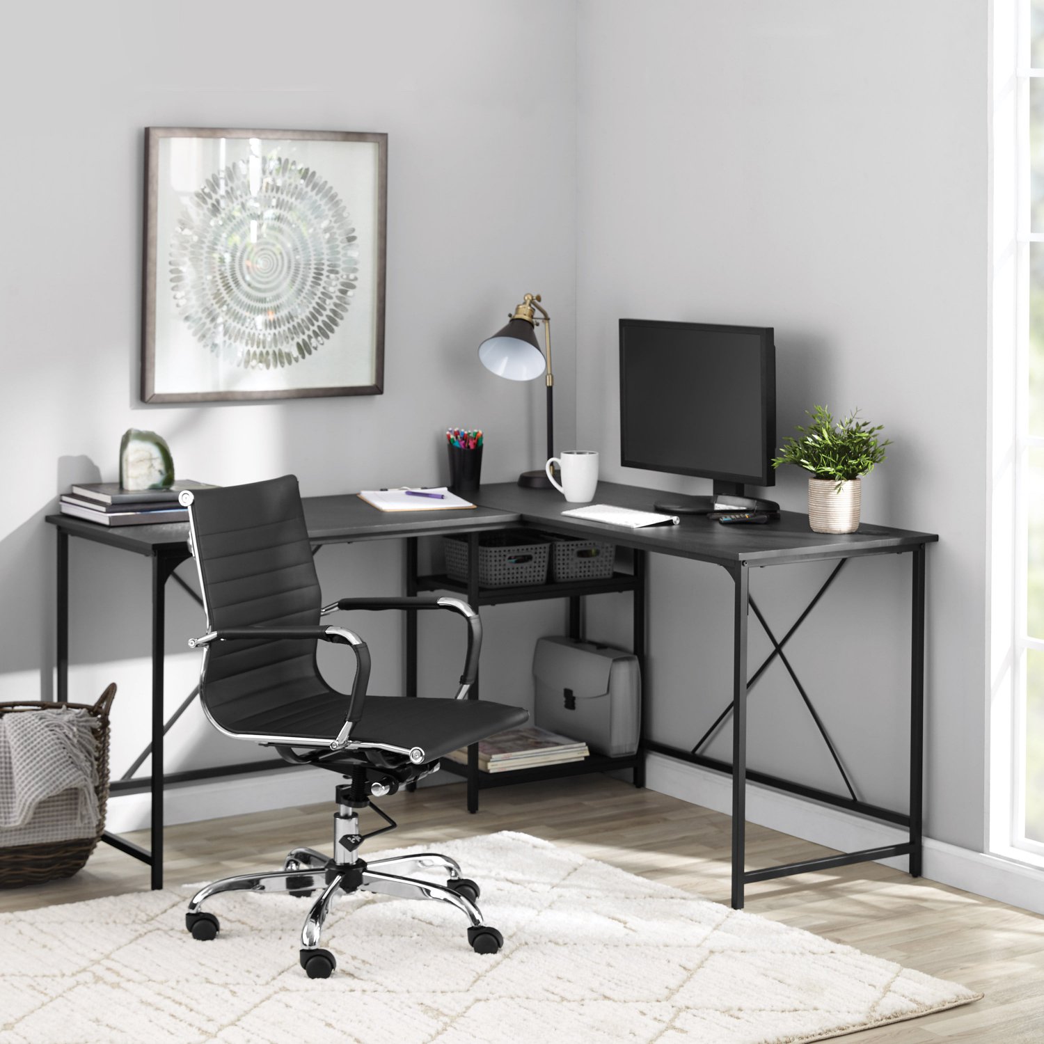 Mainstays Two-Way Convertible Desk with Lower Storage Shelf, Charcoal Finish & Metal Frame