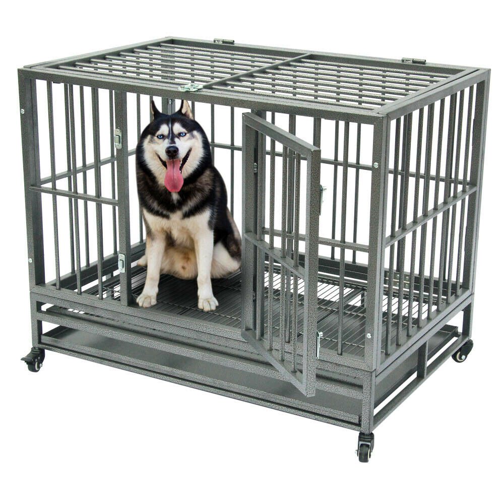 4 Casters Dog Cage Crate Kennel Metal Pet Playpen Portable with Tray Silver