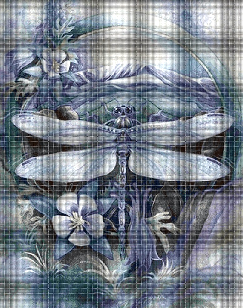 Dragonfly with flowers DMC cross stitch pattern in pdf DMC