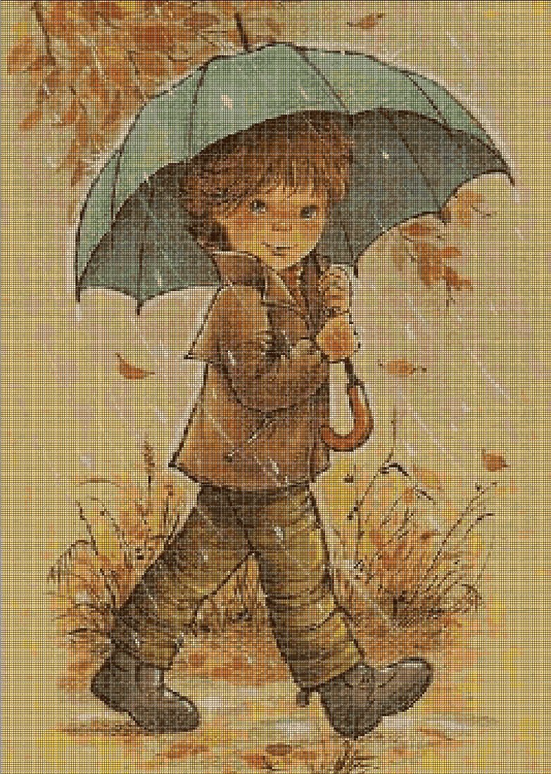 Little boy in the rain DMC cross stitch pattern in pdf DMC