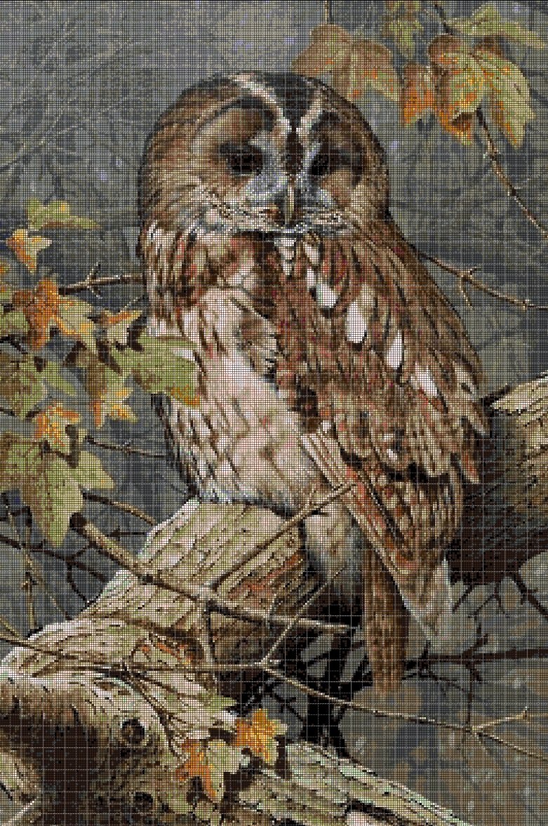Owl on the branch DMC cross stitch pattern in pdf DMC