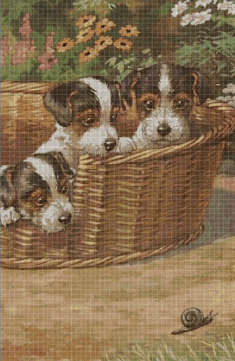 Puppies in the basket DMC cross stitch pattern in pdf DMC